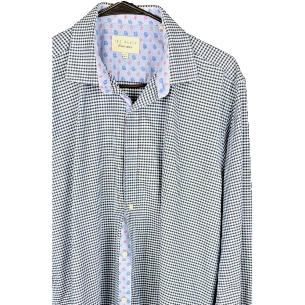 Ted Baker Endurance Dress Shirt 16.5 34/35 Blue White Gingham Paisley Trim‎